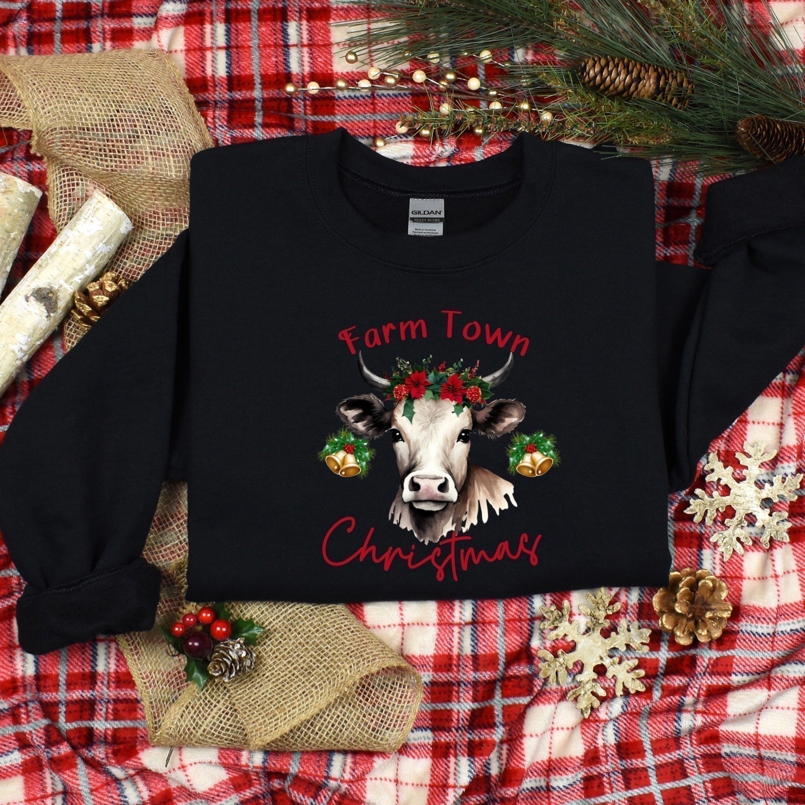 Farm Town Christmas Ladies Sweatshirt - Premium Sweatshirt -  Follower Of Faith Apparel Christmas apparel, Christmas clothing for women, Cow Christmas sweatshirt, Cow town, Crew neck, DTG, Holiday sweatshirts, Holiday sweatshirts for women, Ladies Christmas sweater, Ladies sweatshirt, new arrival, Regular fit, Sweatshirts, Unisex, Valentine's Day Picks, Women's Clothing, Women’s Christian sweatshirts Shop our Christian T-Shirts & Apparel