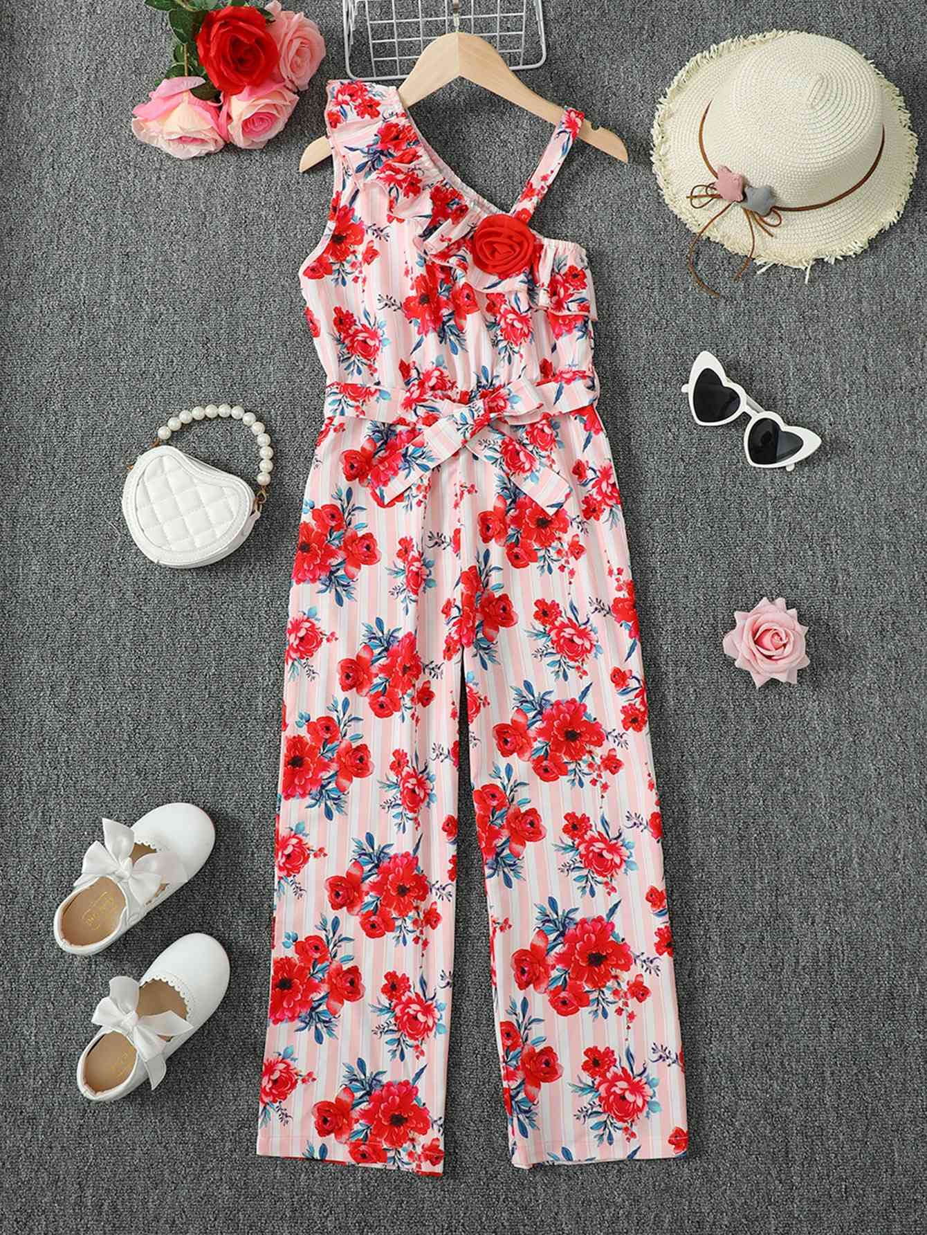 Floral Asymmetrical Neck Tie Belt Girls Youth Romper - Premium Kids Sets -  Follower Of Faith Apparel Floral, Floral romper for girls, Girl romper, Girls floral jumpsuit, Kids, Kids floral, Kids romper, M.B, Ship From Overseas, Youth, Youth jumpsuits, Youth romper Shop our Christian T-Shirts & Apparel