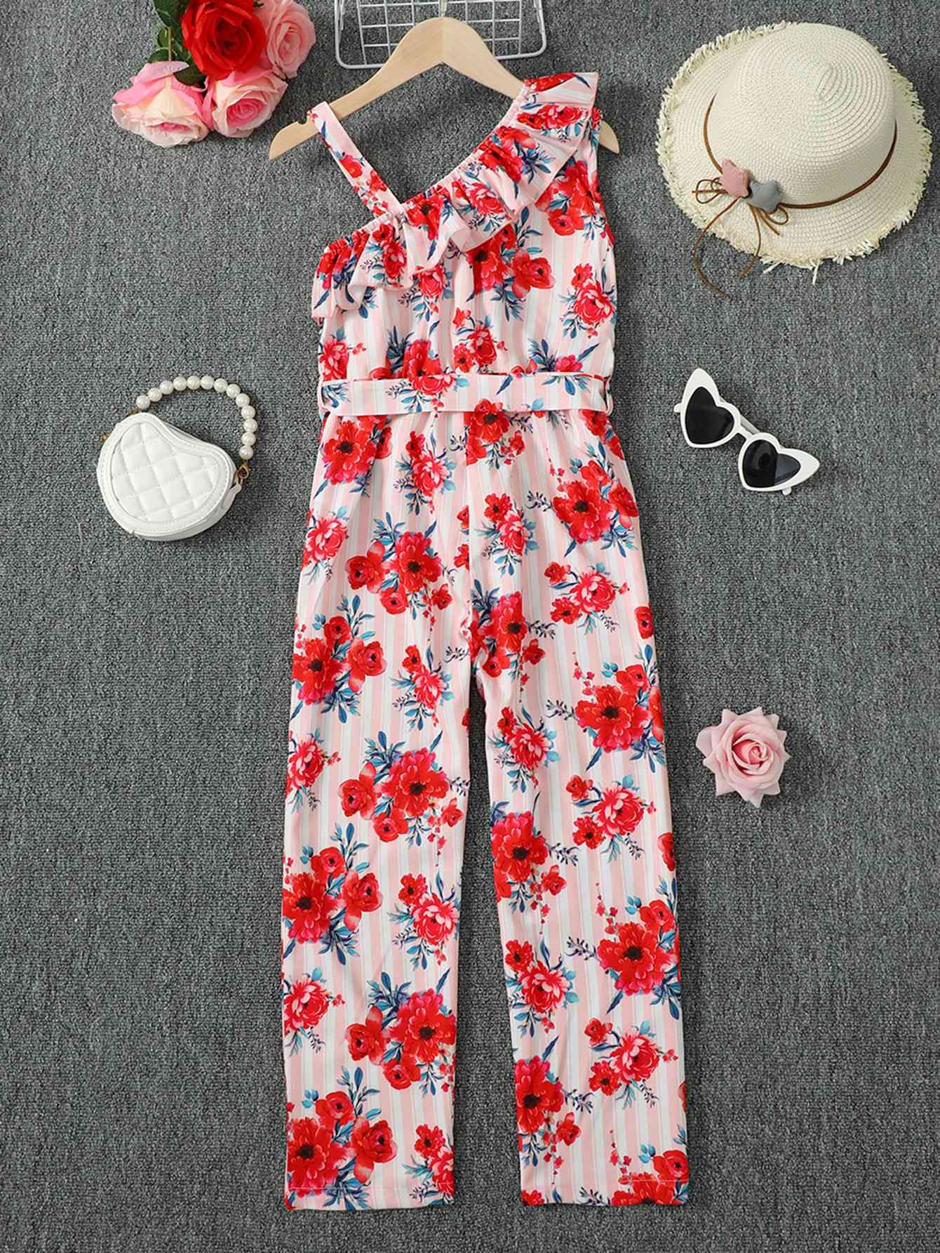 Floral Asymmetrical Neck Tie Belt Girls Youth Romper - Premium Kids Sets -  Follower Of Faith Apparel Floral, Floral romper for girls, Girl romper, Girls floral jumpsuit, Kids, Kids floral, Kids romper, M.B, Ship From Overseas, Youth, Youth jumpsuits, Youth romper Shop our Christian T-Shirts & Apparel