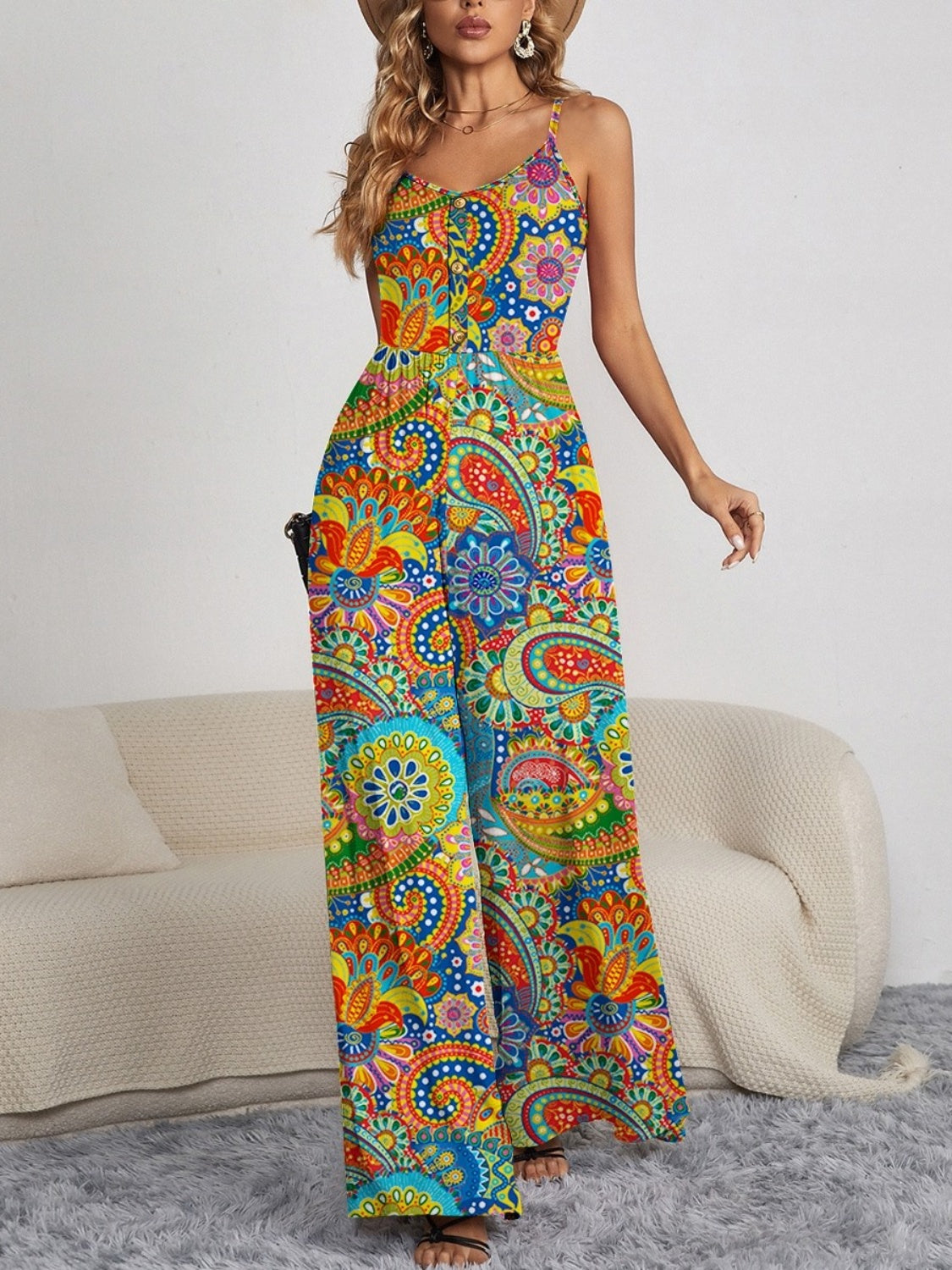 Floral Button Spaghetti Strap Wide Leg Jumpsuit - Premium Ladies Rompers -  Follower Of Faith Apparel FAM-FAM, Floral jumpsuit, Floral Ladies Romper, Ladies Romper, new arrival, new arrivals, romper jumpsuit, Romper pants, Romper pants jumpsuit, Sale, Ship From Overseas, Spaghetti Strap Romper, Vacation rompers, Womens Floral jumpsuit, Womens floral jumpsuit romper, Womens floral romper Shop our Christian T-Shirts & Apparel