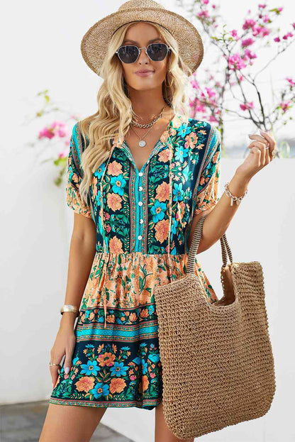 Floral Multicolored Tie-Neck Romper - Premium Ladies Rompers -  Follower Of Faith Apparel beach apparel, Beach vacation clothing, Beach wear, Floral Ladies Romper, Ladies Romper, new arrival, new arrivals, Rompers, Sale, Ship From Overseas, Shipping delay February 8 - February 16, SYNZ, Vacation, Vacation apparel, vacation clothing, Vacation outfit, Vacation outfits, Womens floral romper, Womens romper, Women’s romper Shop our Christian T-Shirts & Apparel