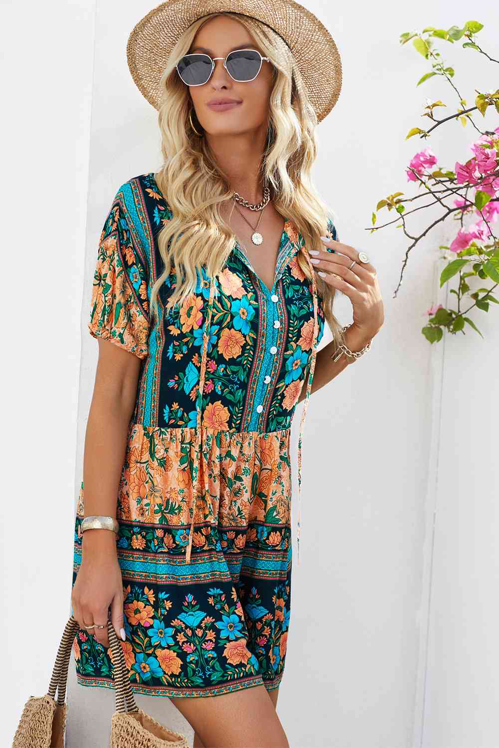 Floral Multicolored Tie-Neck Romper - Premium Ladies Rompers -  Follower Of Faith Apparel beach apparel, Beach vacation clothing, Beach wear, Floral Ladies Romper, Ladies Romper, new arrival, new arrivals, Rompers, Sale, Ship From Overseas, Shipping delay February 8 - February 16, SYNZ, Vacation, Vacation apparel, vacation clothing, Vacation outfit, Vacation outfits, Womens floral romper, Womens romper, Women’s romper Shop our Christian T-Shirts & Apparel