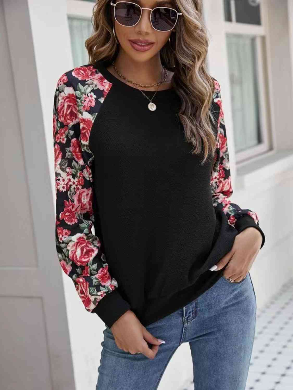 Floral Raglan Sleeve Round Neck Ladies Sweatshirt - Premium Sweatshirt -  Follower Of Faith Apparel Floral sweatshirt, Ladies Floral, O@L@N, Ship From Overseas, Two tone Shop our Christian T-Shirts & Apparel