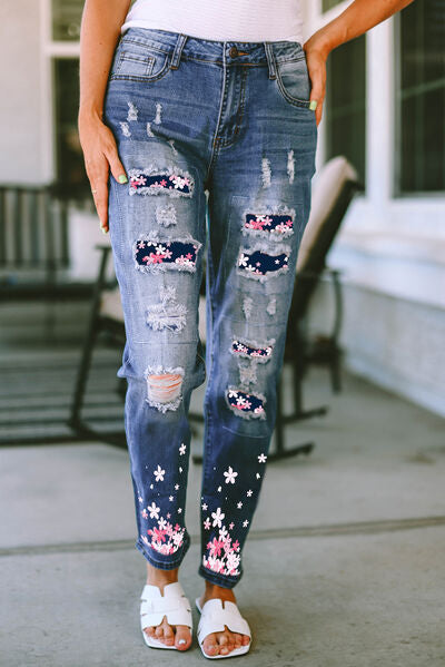 Flower Patched Distressed Ladies Jeans - Premium Jeans -  Follower Of Faith Apparel Floral, Floral design, Floral patch jeans, highly distressed ladies jeans, Ladies Jeans, Ladies patch jeans, Patchwork jeans, Ship From Overseas, SYNZ Shop our Christian T-Shirts & Apparel