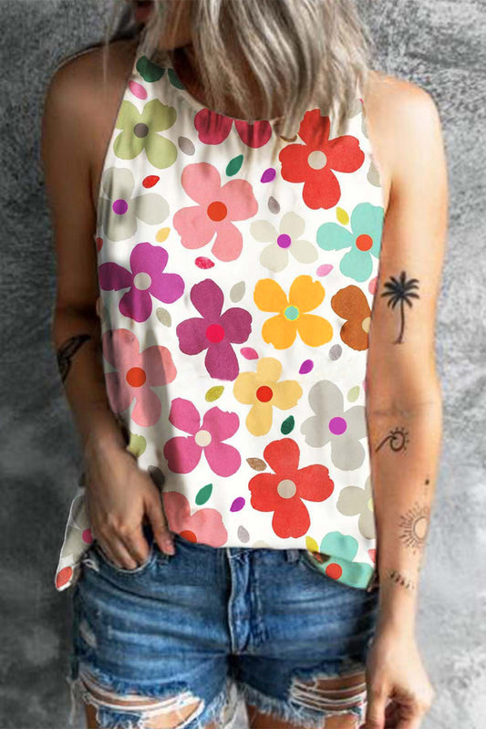 Flower Printed Round Neck Tank - Premium Ladies Tank Top -  Follower Of Faith Apparel Ship From Overseas, SYNZ Shop our Christian T-Shirts & Apparel