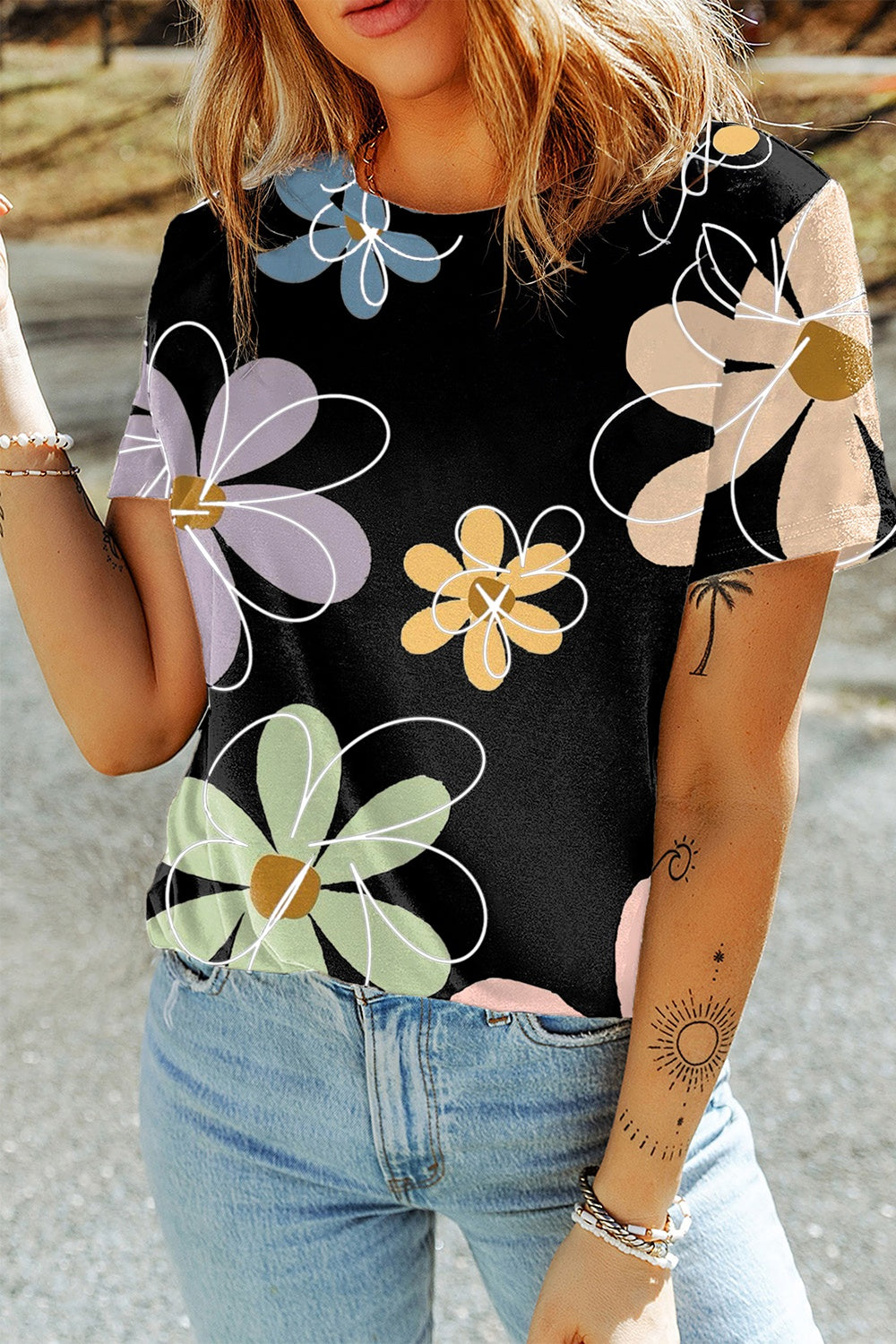 Flower Round Neck Short Sleeve T-Shirt - Premium Ladies T-Shirt -  Follower Of Faith Apparel Ship From Overseas, SYNZ Shop our Christian T-Shirts & Apparel