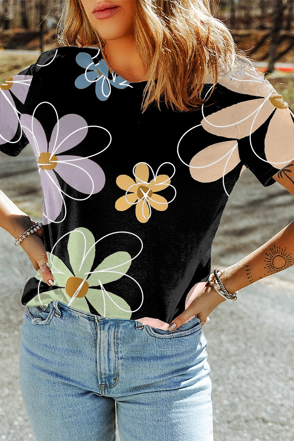 Flower Round Neck Short Sleeve T-Shirt - Premium Ladies T-Shirt -  Follower Of Faith Apparel Ship From Overseas, SYNZ Shop our Christian T-Shirts & Apparel