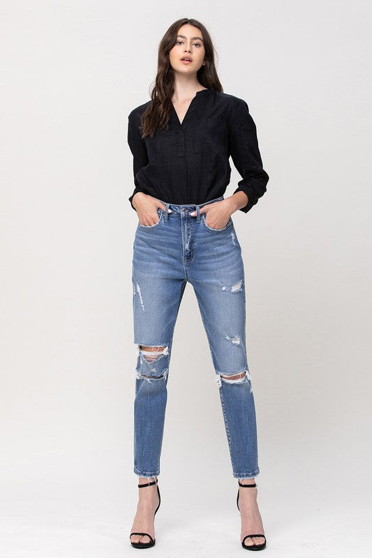 Super High Rise Stretch Mom Jeans - Premium Ladies jeans -  Follower Of Faith Apparel Contemporary, denim distressed jeans, distressed, Flying money mom jeans, Flying monkey jeans, high rise, Jeans, new arrival, new arrivals, Sale, Vervet by Flying Monkey Shop our Christian T-Shirts & Apparel