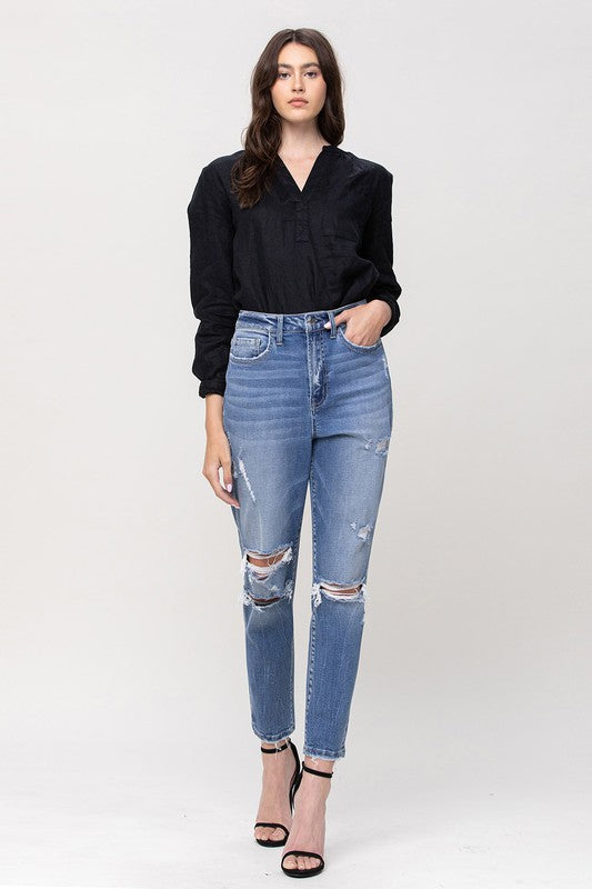 Super High Rise Stretch Mom Jeans - Premium Ladies jeans -  Follower Of Faith Apparel Contemporary, denim distressed jeans, distressed, Flying money mom jeans, Flying monkey jeans, high rise, Jeans, new arrival, new arrivals, Sale, Vervet by Flying Monkey Shop our Christian T-Shirts & Apparel