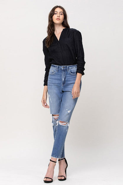 Super High Rise Stretch Mom Jeans - Premium Ladies jeans -  Follower Of Faith Apparel Contemporary, denim distressed jeans, distressed, Flying money mom jeans, Flying monkey jeans, high rise, Jeans, new arrival, new arrivals, Sale, Vervet by Flying Monkey Shop our Christian T-Shirts & Apparel