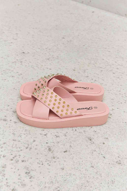 Forever Link Studded Cross Strap Sandals in Blush - Premium Ladies sandals -  Follower Of Faith Apparel Beach sandals, Fast delivery, fast shipping, Forever Link, Leopard sandals, Mid heel, Mid heel sandal, Open toe sandals, Platform sandal shoes, Sandals, Ship from USA, Vacation sandals, Womens sandals, Women’s sandals Shop our Christian T-Shirts & Apparel