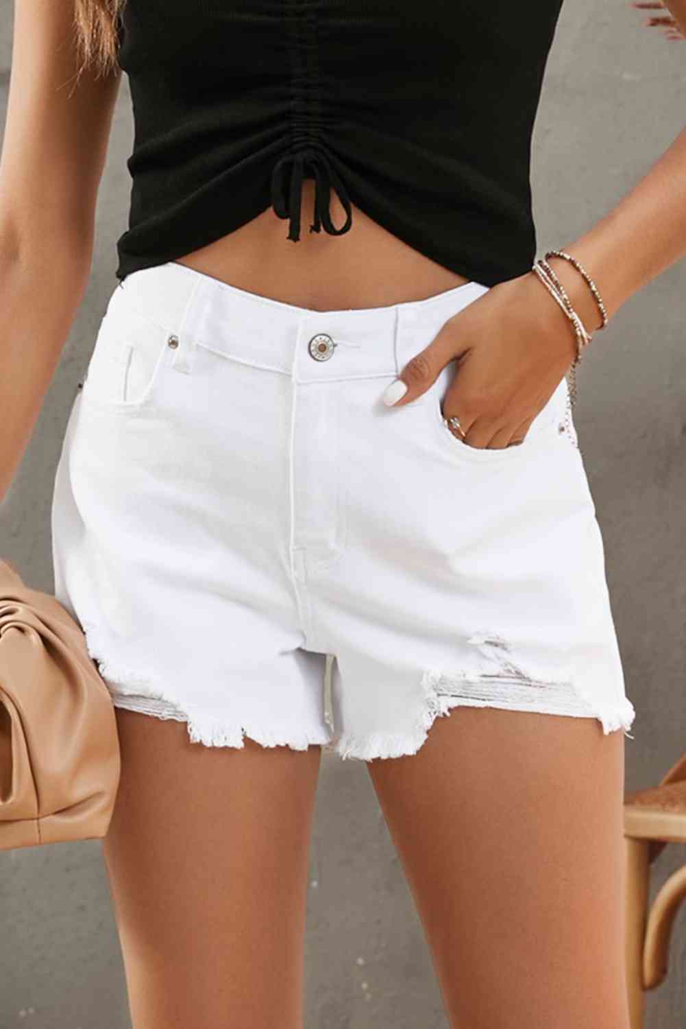 Frayed Hem Distressed Denim Shorts with Pockets - Follower Of Faith Apparel