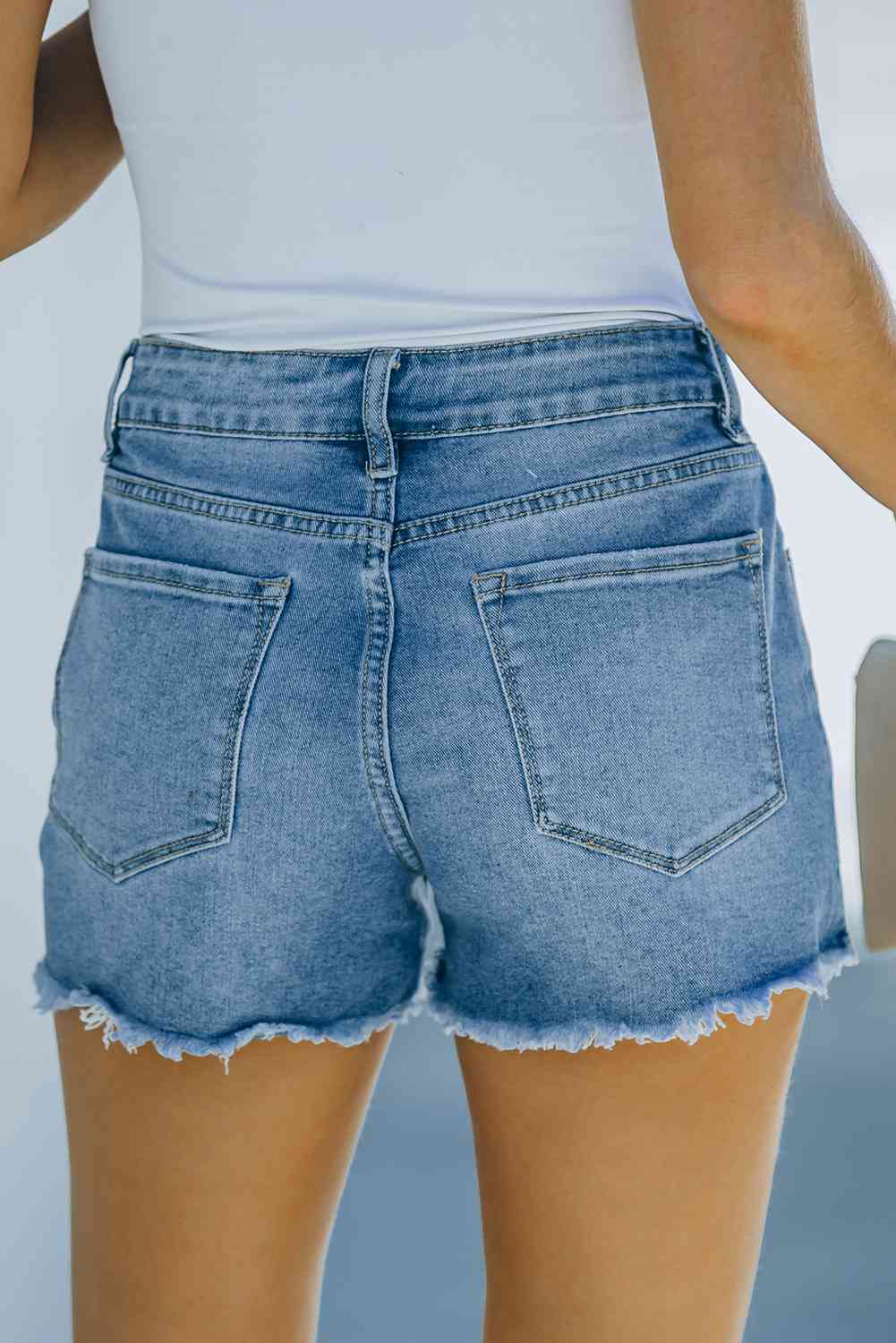 Frayed Hem Distressed Denim Shorts with Pockets - Follower Of Faith Apparel