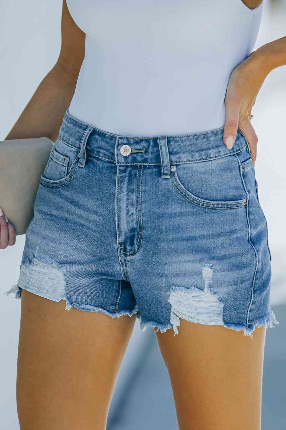 Frayed Hem Distressed Denim Shorts with Pockets - Follower Of Faith Apparel