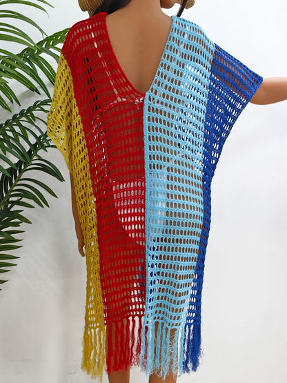 Fringe Color Block Ladies Cover Up (several colors) - Premium Ladies Coverup -  Follower Of Faith Apparel Beach cover up for women, Beach vacation clothing, Colorful cover up, Knit cover up, Ladies cover up, new arrival, new arrivals, O & Y.M, Sale, Ship From Overseas, Stylish beach cover up, Summertime cover up for women, Vacation apparel, Womens cover up Shop our Christian T-Shirts & Apparel