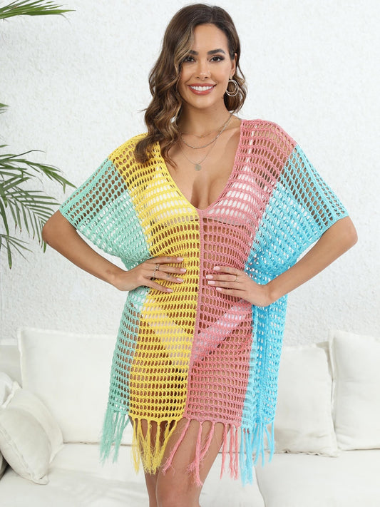 Fringe Color Block Ladies Cover Up (several colors) - Premium Ladies Coverup -  Follower Of Faith Apparel Beach cover up for women, Beach vacation clothing, Colorful cover up, Knit cover up, Ladies cover up, new arrival, new arrivals, O & Y.M, Sale, Ship From Overseas, Stylish beach cover up, Summertime cover up for women, Vacation apparel, Womens cover up Shop our Christian T-Shirts & Apparel