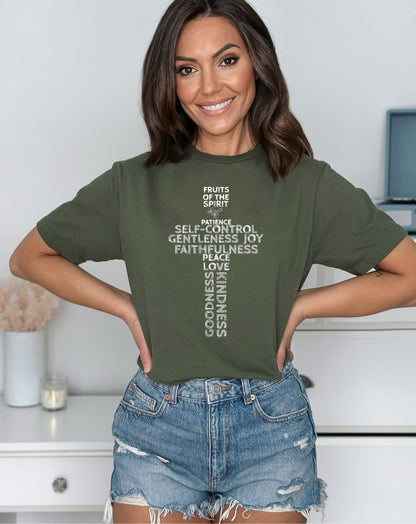 Fruits Of The Spirit Ladies T-Shirt - Premium T-Shirt -  Follower Of Faith Apparel Bible verse tees, Christian, Christian Faith apparel, Christian women’s apparel, Cotton, Crew neck, Faith based, Fruits of the spirit, Fruits of the spirit tee, Ladies faith based tees, Neck Labels, New, Regular fit, Sale, T shirt, T-shirts, Tee, Women's Clothing, Womens Christian t shirts Shop our Christian T-Shirts & Apparel