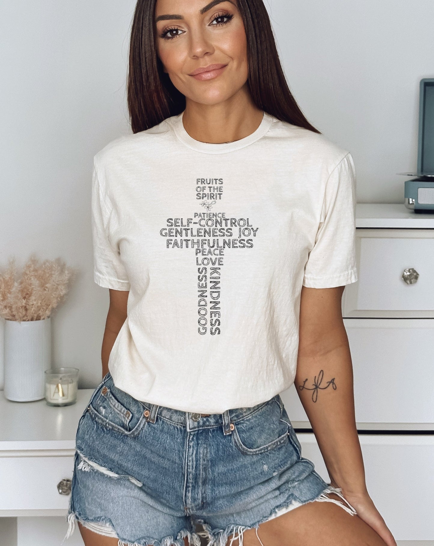 Fruits Of The Spirit Ladies T-Shirt - Premium T-Shirt -  Follower Of Faith Apparel Bible verse tees, Christian, Christian Faith apparel, Christian women’s apparel, Cotton, Crew neck, Faith based, Fruits of the spirit, Fruits of the spirit tee, Ladies faith based tees, Neck Labels, New, Regular fit, Sale, T shirt, T-shirts, Tee, Women's Clothing, Womens Christian t shirts Shop our Christian T-Shirts & Apparel