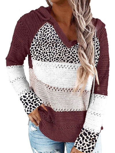 Full Size Openwork Leopard Drawstring Hooded Sweater - Premium Hoodie -  Follower Of Faith Apparel grey, Hoodie sweater, Ladies sweater, Ladies sweatshirt, Ladies sweatshirts, Leopard, Leopard hoodie, Leopard print, Leopard print sweatshirt, Leopard sweatshirts, light grey, pink, Ship From Overseas, Sweatshirt, X@M Shop our Christian T-Shirts & Apparel