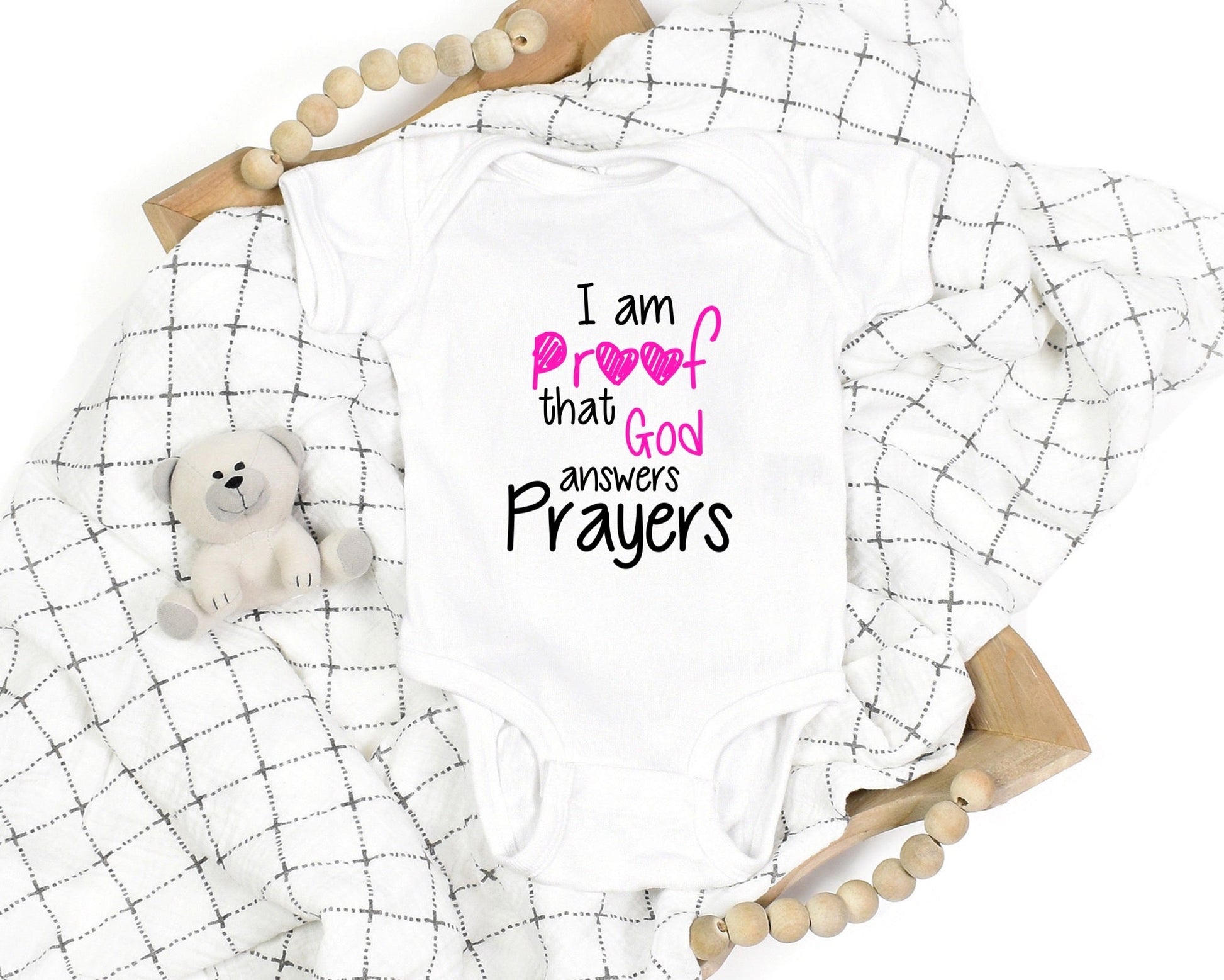 God Answers Prayers Baby Girl Onesie - Premium Kids clothes -  Follower Of Faith Apparel Baby Christian onesie, Baby Clothing, Baby girl onesie, Bodysuits, Christian baby girl apparel, Christian tees for babies, Cotton, Faith baby clothes, Faith based baby clothes, Kids' Clothing, Onesies, Regular fit Shop our Christian T-Shirts & Apparel