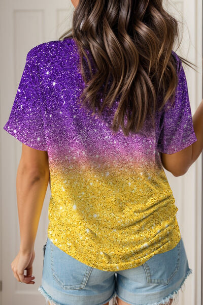 Gradient Violet-Gold Ladies V-Neck Short Sleeve T-Shirt - Premium Ladies V-neck T-shirt -  Follower Of Faith Apparel gold, gradient tee, ladies short sleeve v-neck tee, purple, Ship From Overseas, sparkly t shirt, stretchy, SYNZ, V-neck, violet Shop our Christian T-Shirts & Apparel