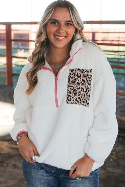 Half Zip Leopard Contrast Long Sleeve Sweatshirt - Premium Sweatshirt -  Follower Of Faith Apparel ladies hoodie, Leopard hoodie, new, new arrivals, Ship From Overseas, Sweatshirts, SYNZ, ZIP sweatshirt Shop our Christian T-Shirts & Apparel