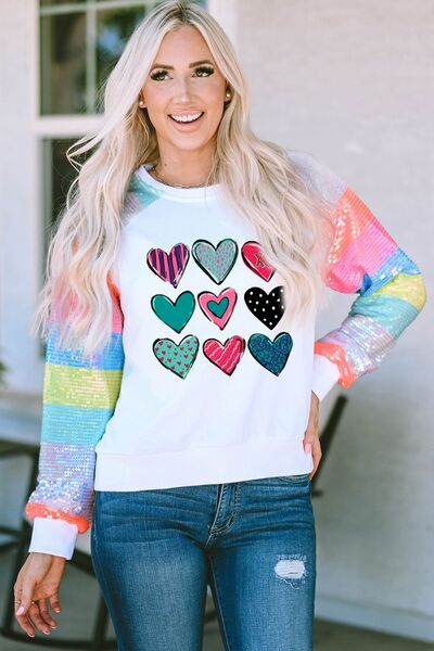 Heart Graphic Sequin Long Sleeve Sweatshirt - Premium Sweatshirt -  Follower Of Faith Apparel Heart sweatshirt, Hearts sweatshirt, new, new arrival, new arrivals, Sequence sweatshirt, Ship From Overseas, SYNZ, Valentines day, Valentines picks Shop our Christian T-Shirts & Apparel