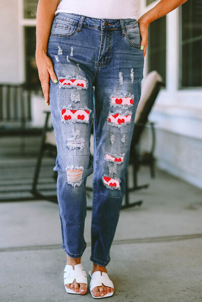 Heart Patched Distressed Raw Hem Ladies Straight Jeans - Premium Jeans -  Follower Of Faith Apparel Heart jeans, Heart patch jeans, Hearts, Ladies patch jeans, new arrivals, newest arrival, Patchwork jeans, Ship From Overseas, SYNZ, Valentine's Day Picks, Valentines day, Valentines picks Shop our Christian T-Shirts & Apparel