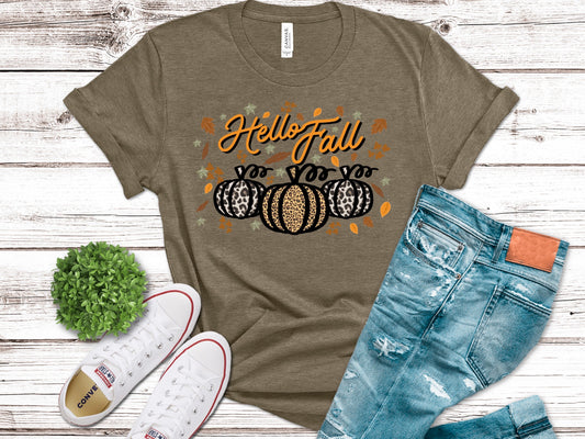 Hello Fall Pumpkin Short Sleeve Tee - Premium T-Shirt -  Follower Of Faith Apparel 2 day delivery, Best seller, Christian fall t shirts, Cotton, Crew neck, DTG, Express delivery, Fall, Fast delivery, Hello fall tee, Ladies hello fall shirt, ladies short sleeve tee, Neck Labels, New, Popular fall tees, Popy, Regular fit, T-shirts, Unisex, Women's Clothing Shop our Christian T-Shirts & Apparel