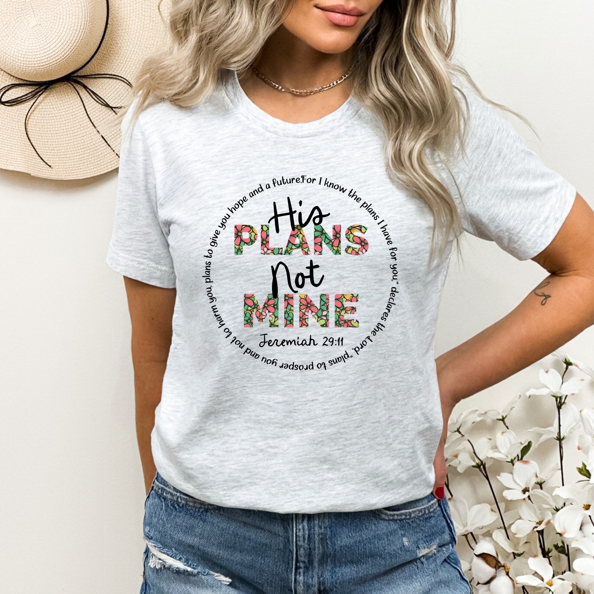 His Plans Not Mine Ladies T-Shirt (Jeremiah 29:11) - Premium Ladies T-Shirt -  Follower Of Faith Apparel Bible verse t shirt, Christian t shirts for women, Christian tees, Cotton, Crew neck, DTG, Faith based tee, Floral Bible verse t shirt, Floral letter tee, Jeremiah 29:11 t shirt, Jesus tees, New, Regular fit, Sale, Spring t shirts, Summer picks, T-shirts, Women's Clothing Shop our Christian T-Shirts & Apparel