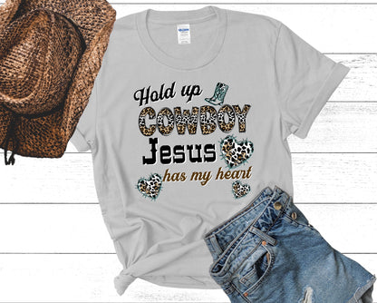 Hold Up Cowboy Jesus Has My Heart Ladies Short Sleeve Tee - Premium T-Shirt -  Follower Of Faith ApparelAnimal print Christian t shirts, Christian apparel and tees, Cotton, Cowgirl and Jesus t shirts, Crew neck, DTG, Hold up Cowboy Jesus has my heart tee, Neck Labels, new, new arrival, Regular fit, T-shirts, Viral Christian t shirt, Women's Clothing Shop our Christian T-Shirts & Apparel