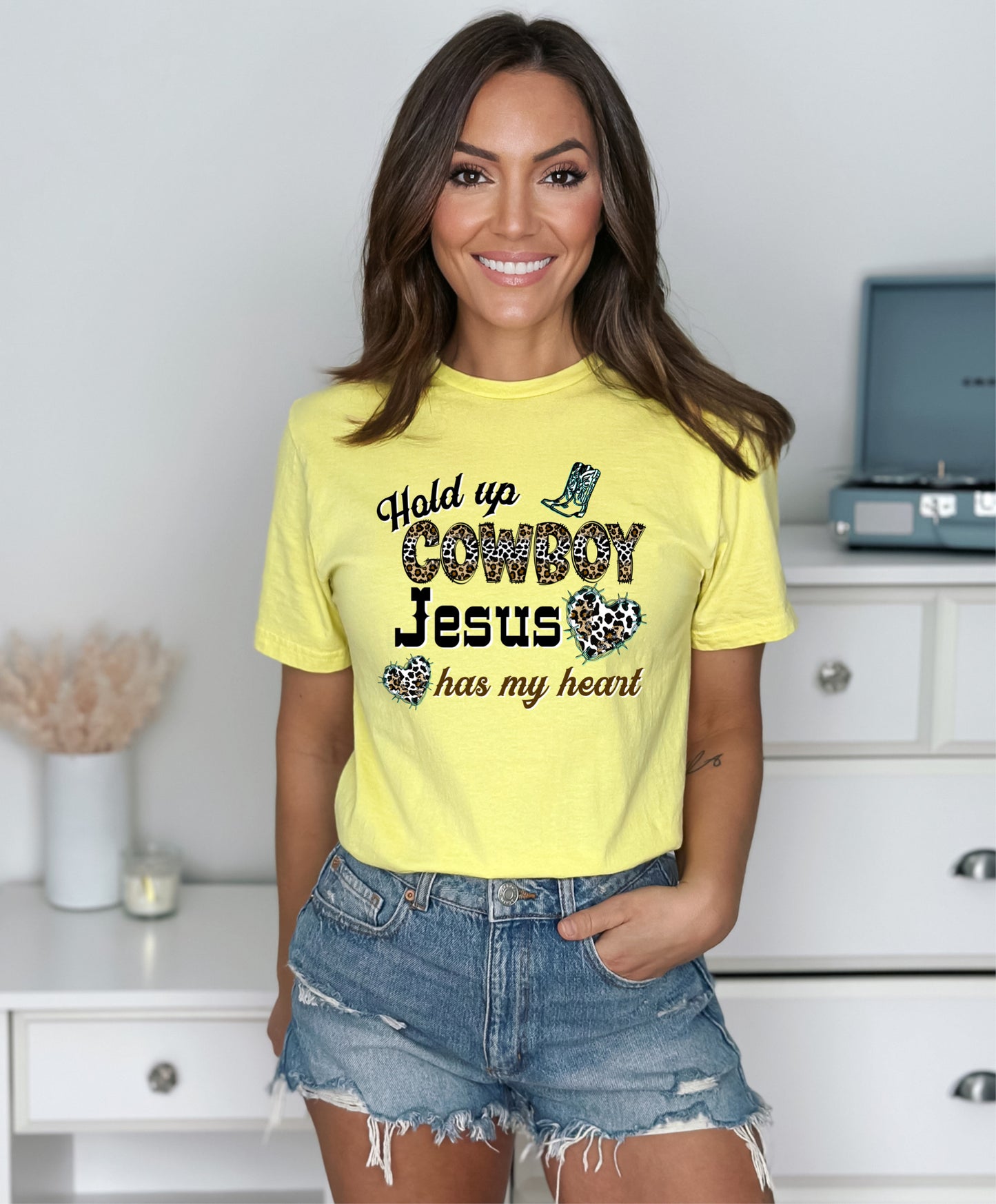 Hold Up Cowboy Jesus Has My Heart Ladies Short Sleeve Tee - Premium T-Shirt -  Follower Of Faith Apparel Animal print Christian t shirts, Christian apparel and tees, Cotton, Cowgirl and Jesus t shirts, Crew neck, DTG, Hold up Cowboy Jesus has my heart tee, Neck Labels, new, new arrival, Regular fit, T-shirts, Viral Christian t shirt, Women's Clothing Shop our Christian T-Shirts & Apparel