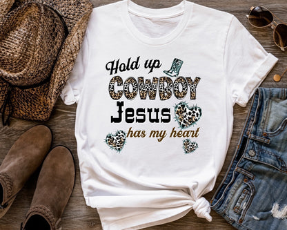 Hold Up Cowboy Jesus Has My Heart Ladies Short Sleeve Tee - Premium T-Shirt -  Follower Of Faith Apparel Animal print Christian t shirts, Christian apparel and tees, Cotton, Cowgirl and Jesus t shirts, Crew neck, DTG, Hold up Cowboy Jesus has my heart tee, Neck Labels, new, new arrival, Regular fit, T-shirts, Viral Christian t shirt, Women's Clothing Shop our Christian T-Shirts & Apparel