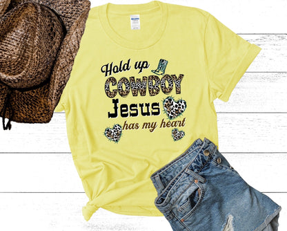 Hold Up Cowboy Jesus Has My Heart Ladies Short Sleeve Tee - Premium T-Shirt -  Follower Of Faith ApparelAnimal print Christian t shirts, Christian apparel and tees, Cotton, Cowgirl and Jesus t shirts, Crew neck, DTG, Hold up Cowboy Jesus has my heart tee, Neck Labels, new, new arrival, Regular fit, T-shirts, Viral Christian t shirt, Women's Clothing Shop our Christian T-Shirts & Apparel