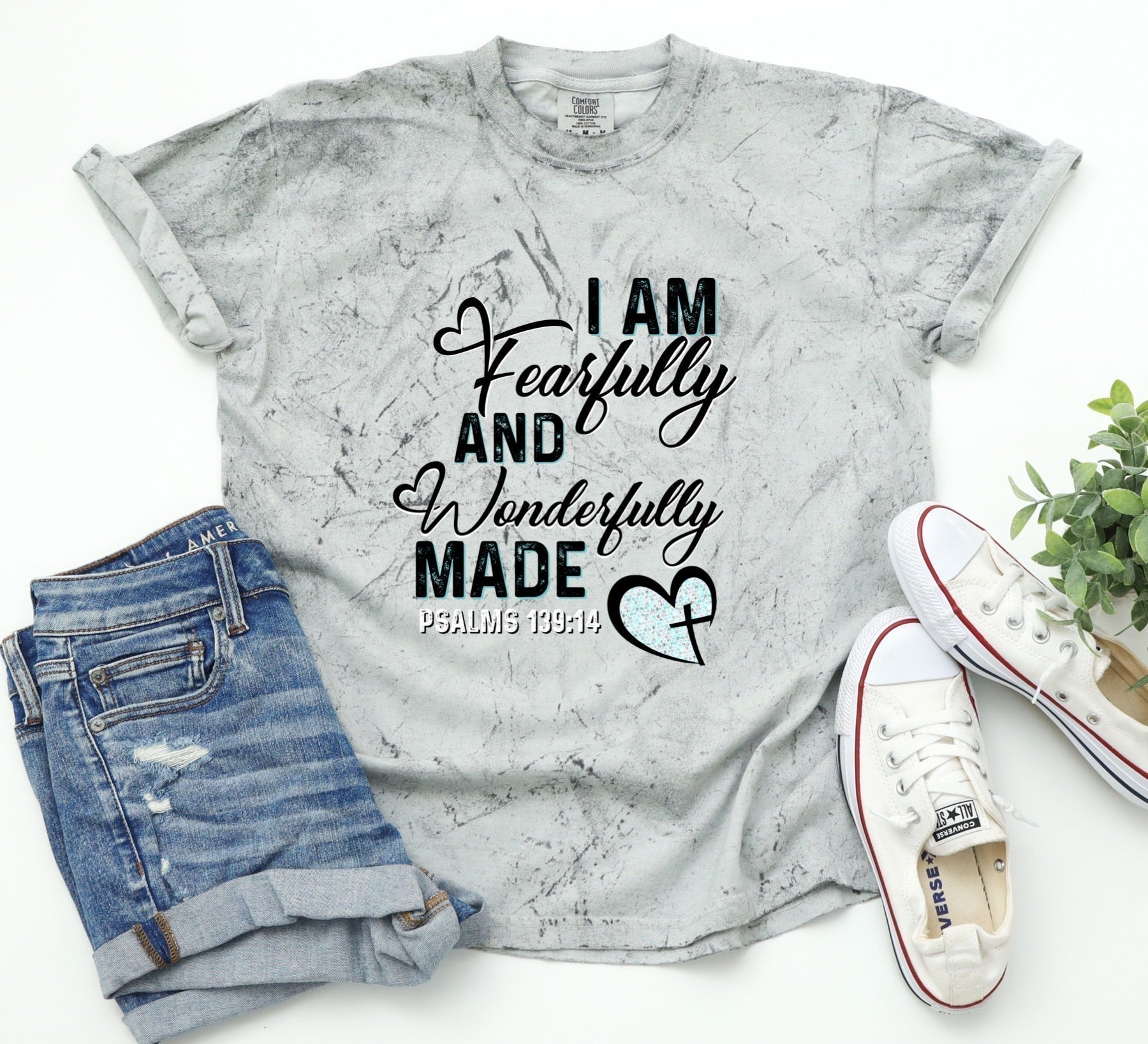 I Am Fearfully And Wonderfully Made Ladies Color Blast Short Sleeve Tee - Premium T-Shirt -  Follower Of Faith ApparelChristian Bleached t shirts, Christian color blast tees, Cotton, DTG, Faith bleached t shirts, Faith color blast t shirt, Ladies short sleeve, New, Psalms 139:14, Psalms 139:14 t shirt, T-shirts, Unisex, Women's Clothing Shop our Christian T-Shirts & Apparel