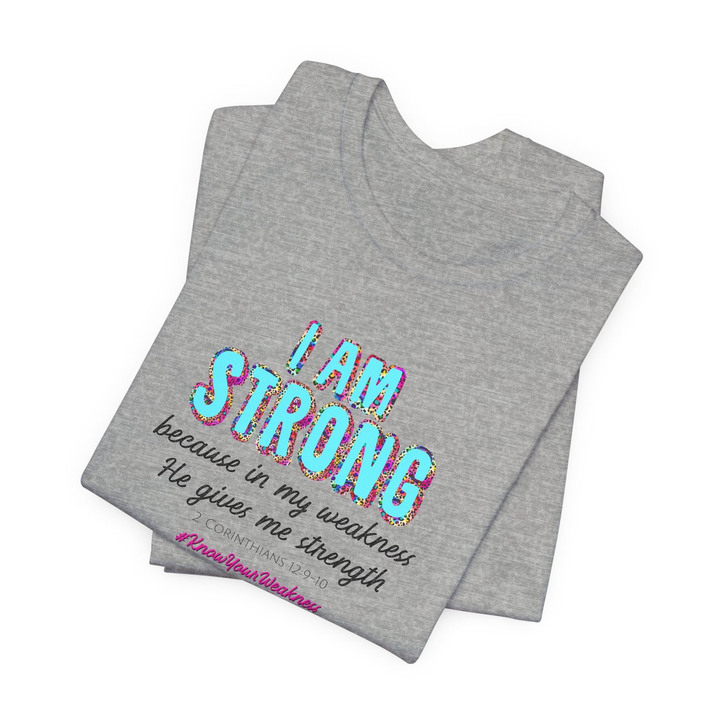 I Am Strong 2 Corinthians 12:9-10 Ladies T-Shirt - Premium Ladies T-Shirt -  Follower Of Faith Apparel 2 Corinthians 12:9-10 t shirt, 2 day delivery, Bible verse tee, Christian t shirts for women, Cotton, Crew neck, Express delivery, Fast delivery, Jesus t shirts for ladies, ladies Short Sleeve tee, Neck Labels, new arrival, new arrivals, On sale, Pink leopard, Regular fit, Sale, T-shirts, Turquoise leopard, Unisex, Women's Clothing, Women’s faith based t shirt Shop our Christian T-Shirts & Apparel