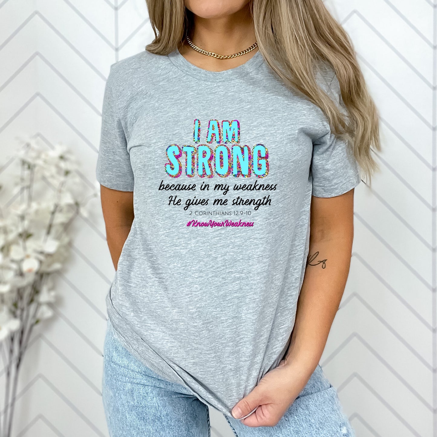 I Am Strong 2 Corinthians 12:9-10 Ladies T-Shirt - Premium Ladies T-Shirt -  Follower Of Faith Apparel 2 Corinthians 12:9-10 t shirt, 2 day delivery, Bible verse tee, Christian t shirts for women, Cotton, Crew neck, Express delivery, Fast delivery, Jesus t shirts for ladies, ladies Short Sleeve tee, Neck Labels, new arrival, new arrivals, On sale, Pink leopard, Regular fit, Sale, T-shirts, Turquoise leopard, Unisex, Women's Clothing, Women’s faith based t shirt Shop our Christian T-Shirts & Apparel