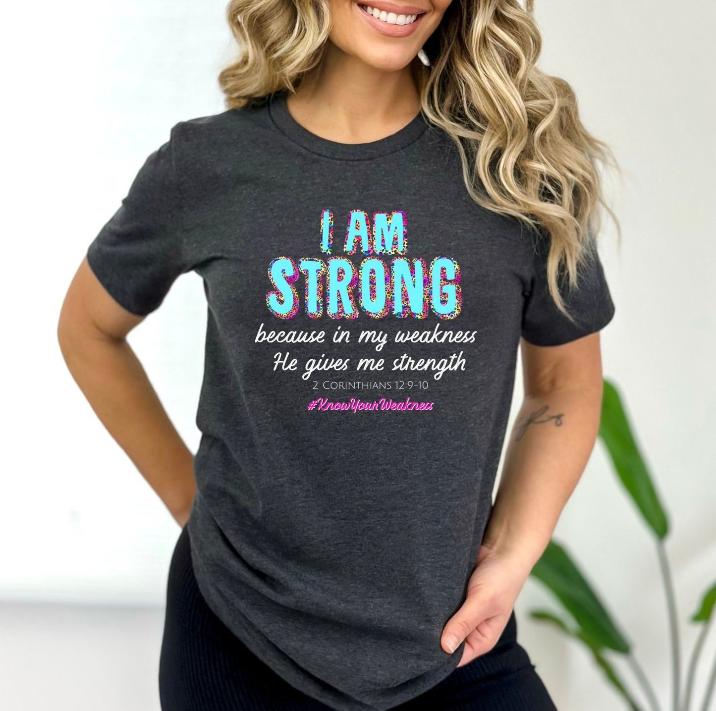 I Am Strong 2 Corinthians 12:9-10 Ladies T-Shirt - Premium Ladies T-Shirt -  Follower Of Faith Apparel 2 Corinthians 12:9-10 t shirt, 2 day delivery, Bible verse tee, Christian t shirts for women, Cotton, Crew neck, Express delivery, Fast delivery, Jesus t shirts for ladies, ladies Short Sleeve tee, Neck Labels, new arrival, new arrivals, On sale, Pink leopard, Regular fit, Sale, T-shirts, Turquoise leopard, Unisex, Women's Clothing, Women’s faith based t shirt Shop our Christian T-Shirts & Apparel