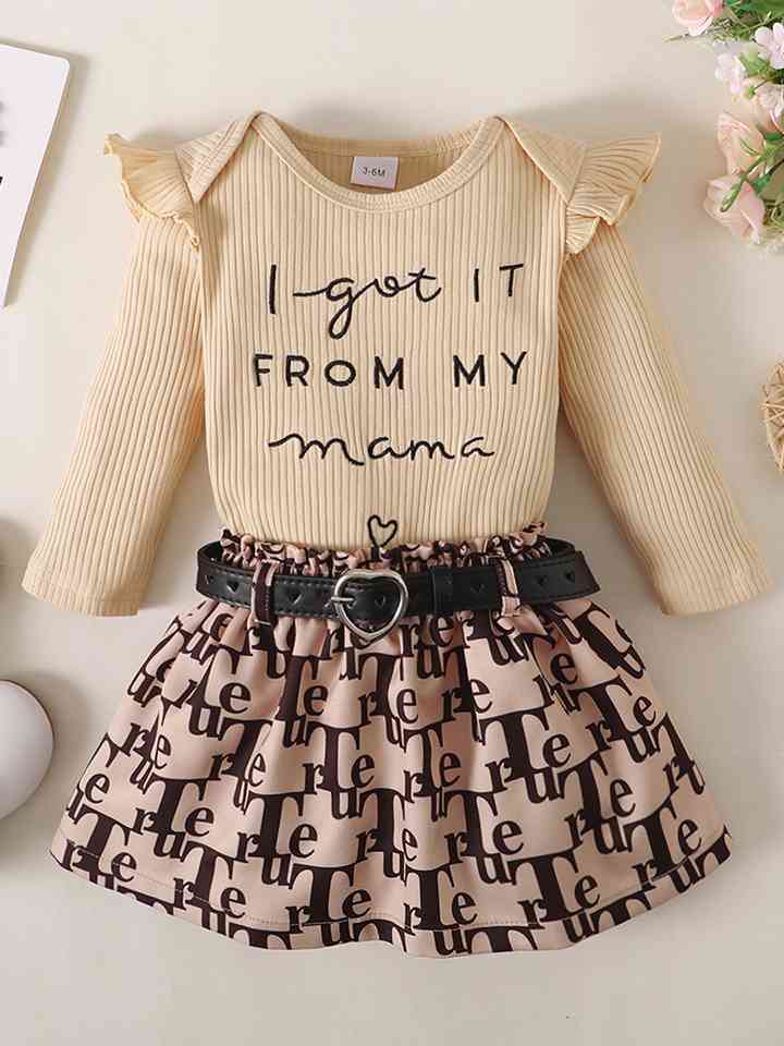 I Got It FromMy Momma Baby Ribbed Long Sleeve Top and Letter Printed Skirt Set (sizes 0m to 18m) - Premium Kids Sets -  Follower Of Faith Apparel B*L, Baby Clothing, Baby cream color set, Baby girl, Baby letter print skirt, Baby set, Baby sets, Christian baby apparel, Christian baby clothes, Christian baby girl apparel, Faith based baby clothes, I got it from my momma baby set, Ship From Overseas Shop our Christian T-Shirts & Apparel