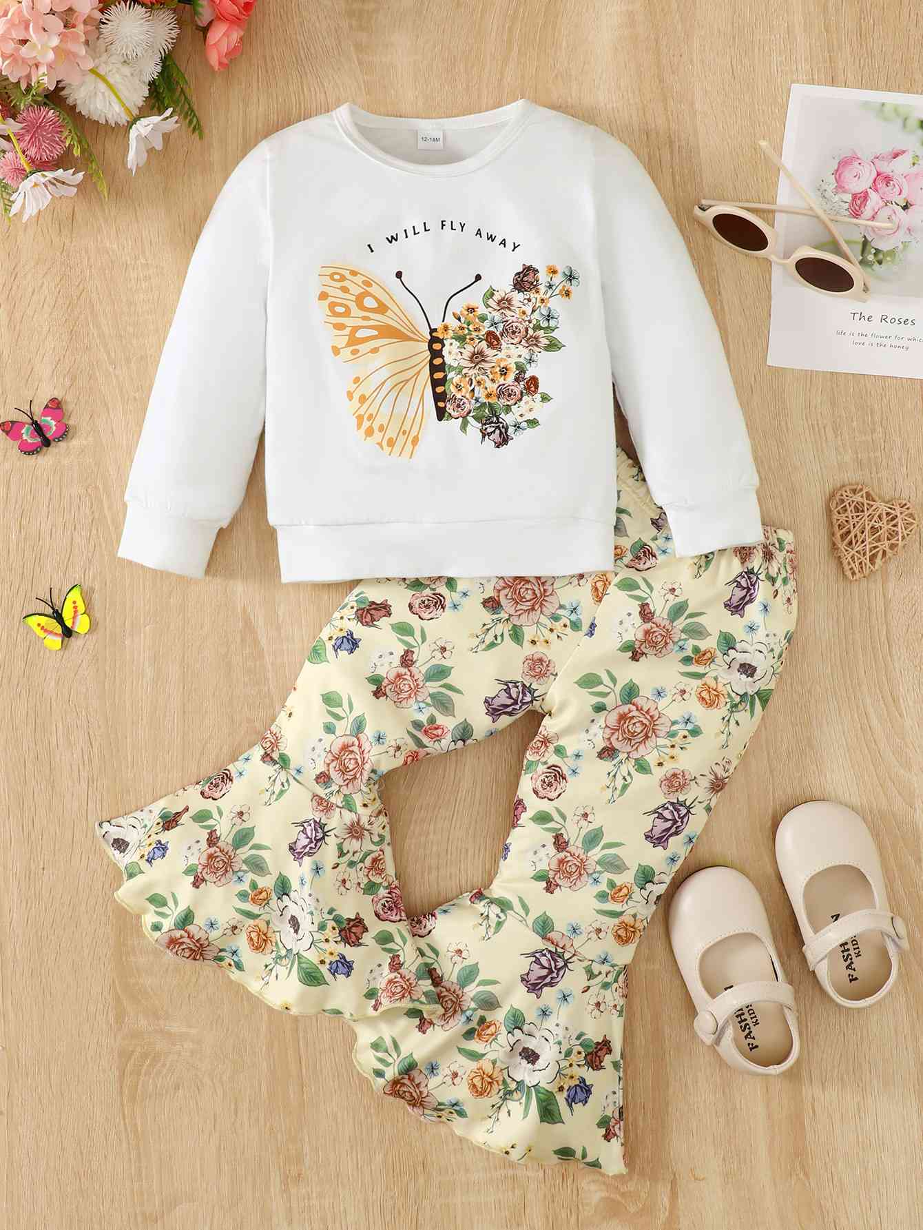 I Will FLY AWAY Butterfly Graphic Tee and Floral Print Flare Pants Kit (12-18 months up to 3T) - Premium Toddler Set -  Follower Of Faith Apparel Kids, Kids sets, Kids' Clothing, M.B, Ship From Overseas, Toddler, Toddler sets, Toddler top and bottom Shop our Christian T-Shirts & Apparel