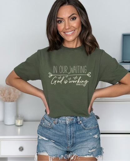 In Our Waiting God Is Working Ladies T-Shirt - Premium T-Shirt -  Follower Of Faith Apparel Bible verse tee, Christian t shirt, Cotton, Crew neck, DTG, Faith apparel, Faith shirts, Men's Clothing, Neck Labels, new arrival, new arrivals, On sale, Regular fit, Romans 8 28 t shirt, Romans 8:28 tee, Sale, Scripture shirt, Summer Picks, T-shirts, TikTok, Women's Clothing, Women’s Christian clothing, Women’s Faith t shirts Shop our Christian T-Shirts & Apparel