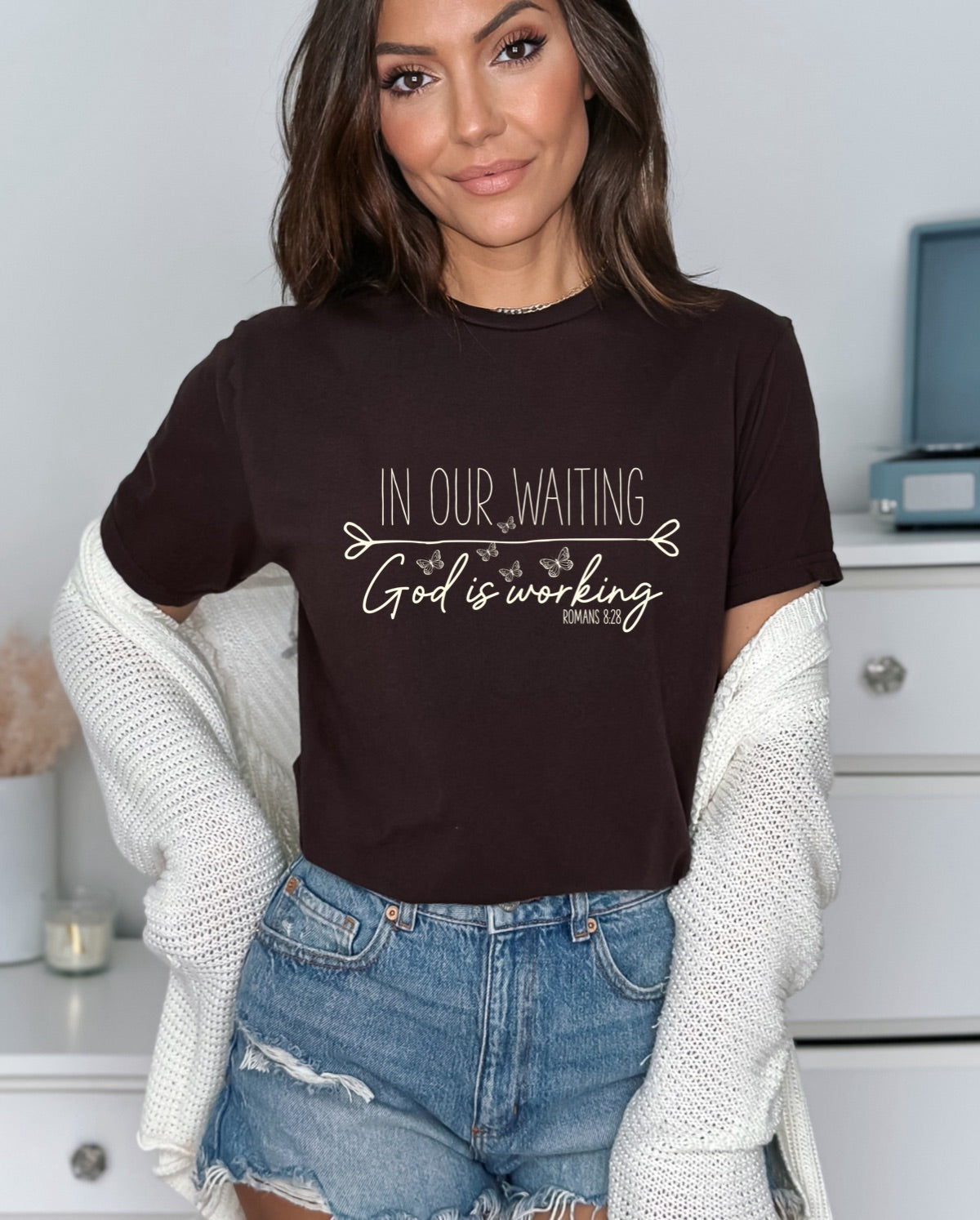 In Our Waiting God Is Working Ladies T-Shirt - Premium T-Shirt -  Follower Of Faith Apparel Bible verse tee, Christian t shirt, Cotton, Crew neck, DTG, Faith apparel, Faith shirts, Men's Clothing, Neck Labels, new arrival, new arrivals, On sale, Regular fit, Romans 8 28 t shirt, Romans 8:28 tee, Sale, Scripture shirt, Summer Picks, T-shirts, TikTok, Women's Clothing, Women’s Christian clothing, Women’s Faith t shirts Shop our Christian T-Shirts & Apparel