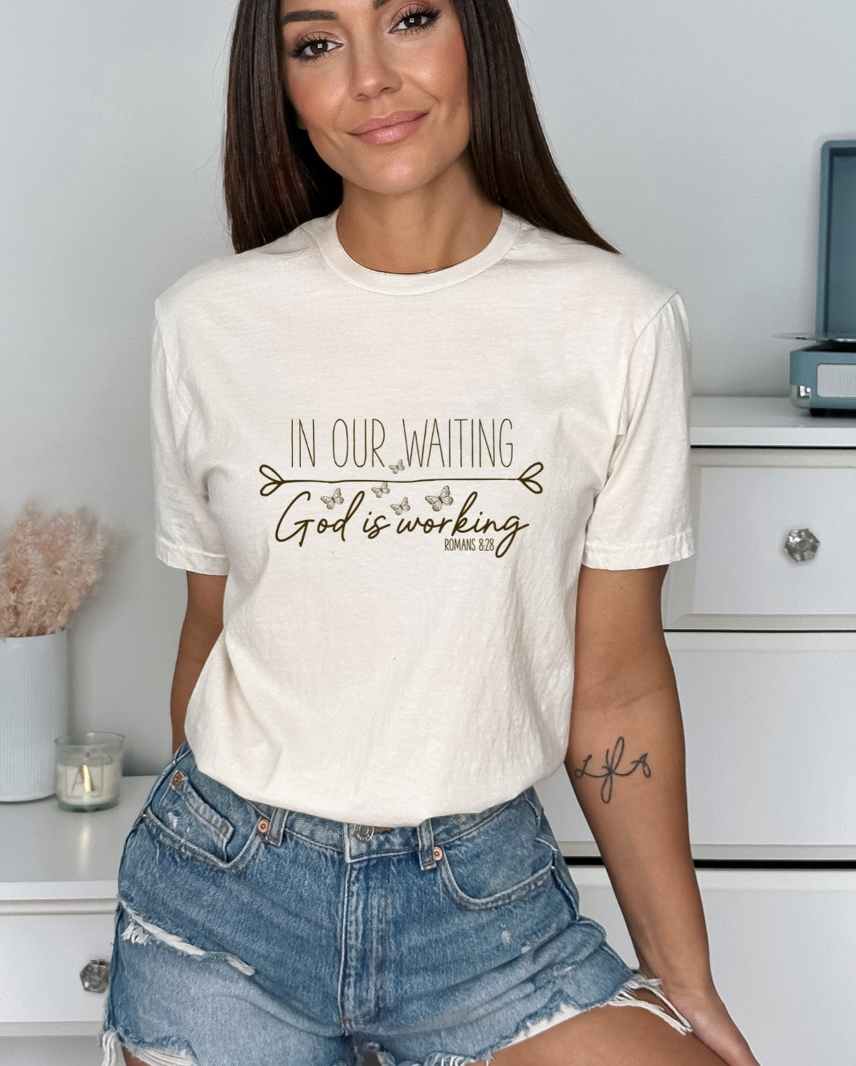 In Our Waiting God Is Working Ladies T-Shirt - Premium T-Shirt -  Follower Of Faith Apparel Bible verse tee, Christian t shirt, Cotton, Crew neck, DTG, Faith apparel, Faith shirts, Men's Clothing, Neck Labels, new arrival, new arrivals, On sale, Regular fit, Romans 8 28 t shirt, Romans 8:28 tee, Sale, Scripture shirt, Summer Picks, T-shirts, TikTok, Women's Clothing, Women’s Christian clothing, Women’s Faith t shirts Shop our Christian T-Shirts & Apparel