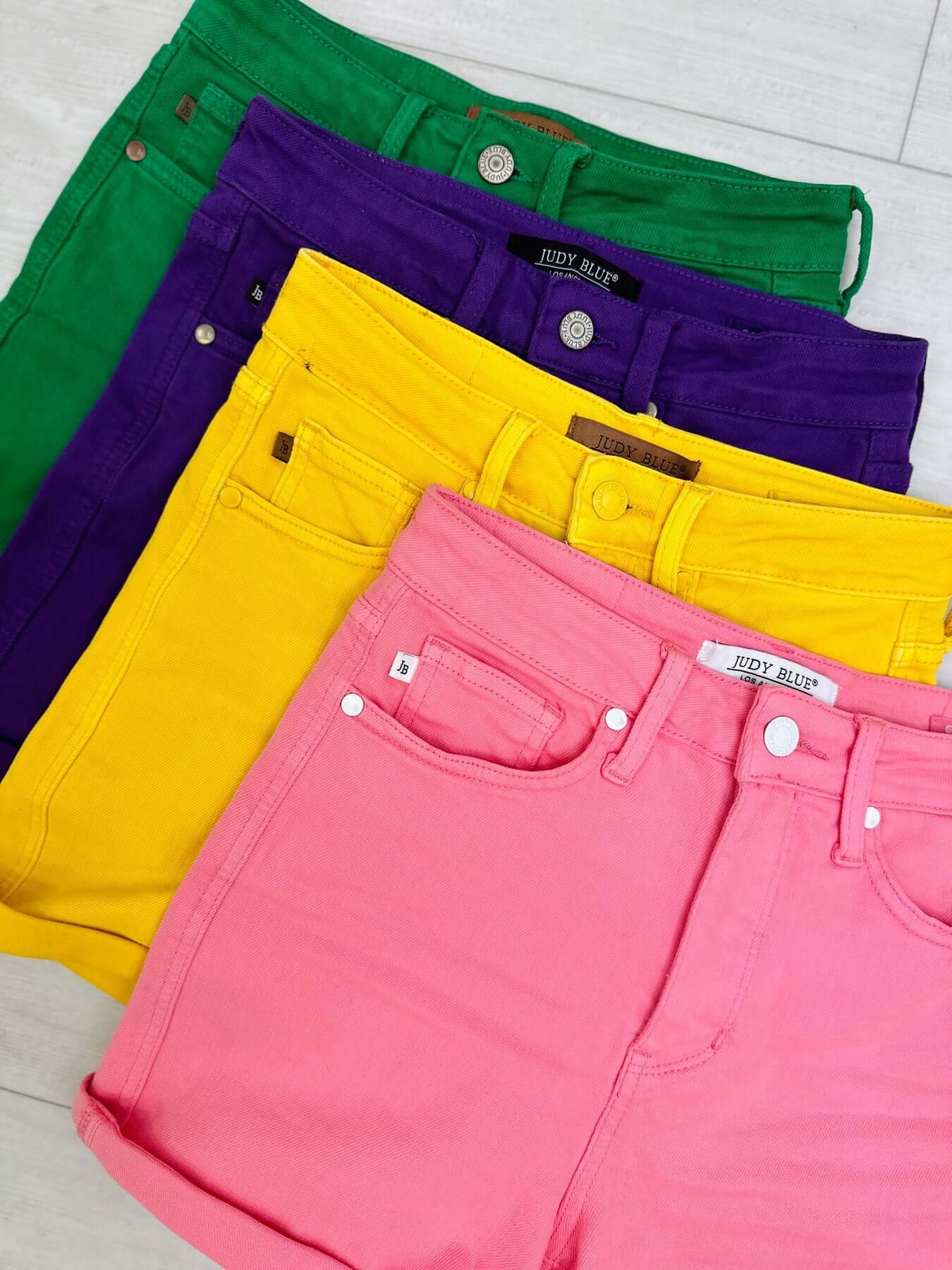 Judy Blue Jenna High Rise Control Top Shorts in pink, yellow, purple, green. on sale now at follower of faith apparel. Christian faith based apparel and we carry judy blue jeans and shorts shop now