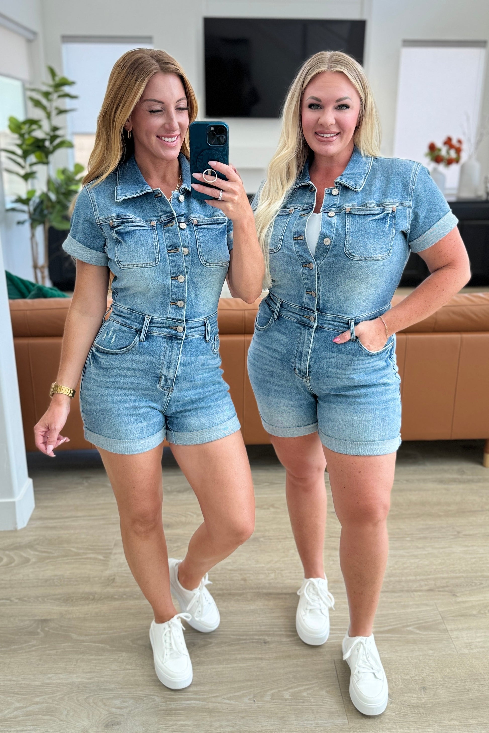 Judy Blue Delia Short Sleeve Romper - Premium Rompers -  Follower Of Faith Apparel 150244, 1XL, 2XL, 3XL, 8-19-2024, 8-26-2024, Bottoms, denim romper for women, Fast delivery, fast shipping, JB Judy Blue, JB5-15-2024, JBAvailableNow, Jordan, Judy Blue, Judy Blue denim romper, Judy Blue High Rise romper, Judy blue high waisted, Large, Medium, new arrival, new arrivals, On sale, Sale, Ship from USA, short sleeve denim romper for women, Small, women's denim romper, XL Shop our Christian T-Shirts & Apparel