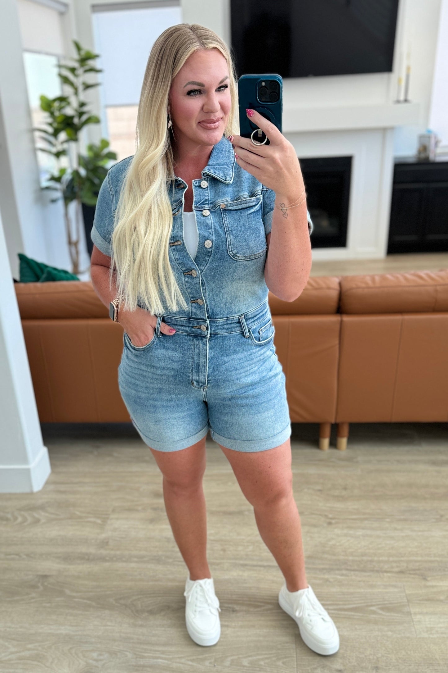 Judy Blue Delia Short Sleeve Romper - Premium Rompers -  Follower Of Faith Apparel 150244, 1XL, 2XL, 3XL, 8-19-2024, 8-26-2024, Bottoms, denim romper for women, Fast delivery, fast shipping, JB Judy Blue, JB5-15-2024, JBAvailableNow, Jordan, Judy Blue, Judy Blue denim romper, Judy Blue High Rise romper, Judy blue high waisted, Large, Medium, new arrival, new arrivals, On sale, Sale, Ship from USA, short sleeve denim romper for women, Small, women's denim romper, XL Shop our Christian T-Shirts & Apparel