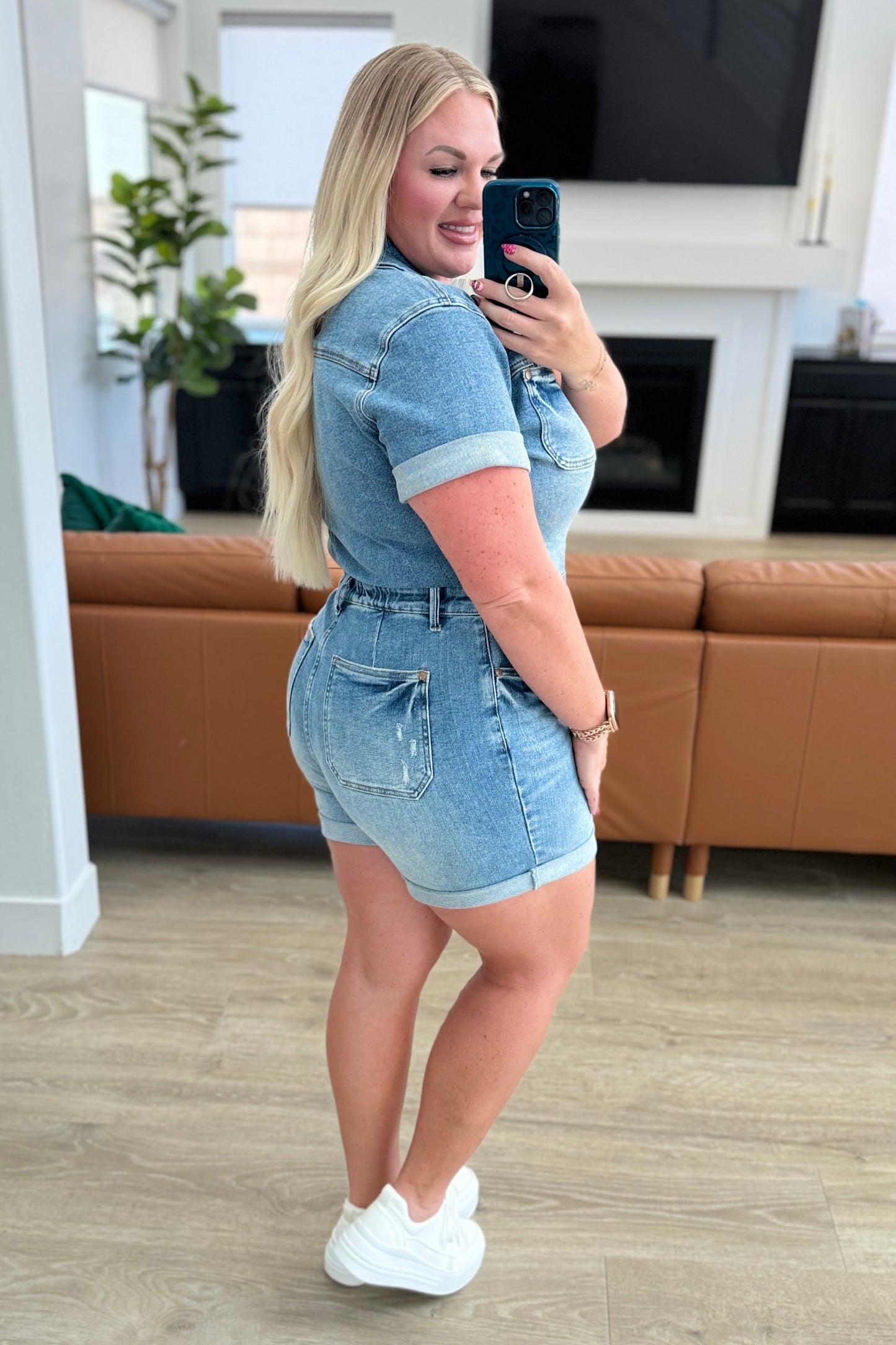 Judy Blue Delia Short Sleeve Romper - Premium Rompers -  Follower Of Faith Apparel 150244, 1XL, 2XL, 3XL, 8-19-2024, 8-26-2024, Bottoms, denim romper for women, Fast delivery, fast shipping, JB Judy Blue, JB5-15-2024, JBAvailableNow, Jordan, Judy Blue, Judy Blue denim romper, Judy Blue High Rise romper, Judy blue high waisted, Large, Medium, new arrival, new arrivals, On sale, Sale, Ship from USA, short sleeve denim romper for women, Small, women's denim romper, XL Shop our Christian T-Shirts & Apparel