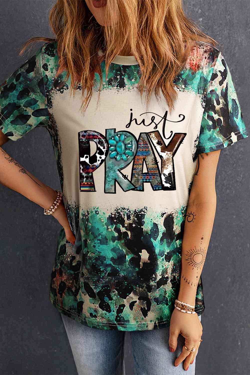 JUST PRAY Colorful Leopard Camo Ladies T-Shirt - Follower Of Faith Apparel