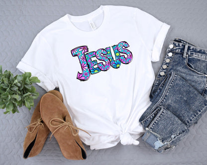 Jesus (Flower Letters) Ladies Short Sleeve Tee - Premium Ladies Short Sleeve T-Shirt -  Follower Of Faith ApparelCotton, Crew neck, DTG, Jesus floral print letter shirt, Jesus tee, ladies Christian t shirts, Neck Labels, Regular fit, T-shirts, Unisex, women's Christian t shirts, Women's Clothing Shop our Christian T-Shirts & Apparel