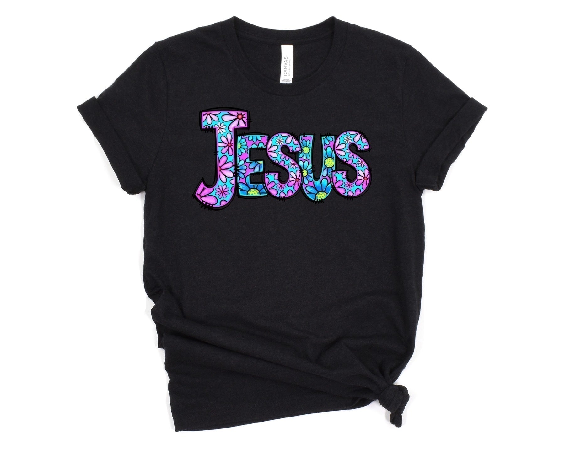 Jesus (Flower Letters) Ladies Short Sleeve Tee - Premium Ladies Short Sleeve T-Shirt -  Follower Of Faith ApparelCotton, Crew neck, DTG, Jesus floral print letter shirt, Jesus tee, ladies Christian t shirts, Neck Labels, Regular fit, T-shirts, Unisex, women's Christian t shirts, Women's Clothing Shop our Christian T-Shirts & Apparel